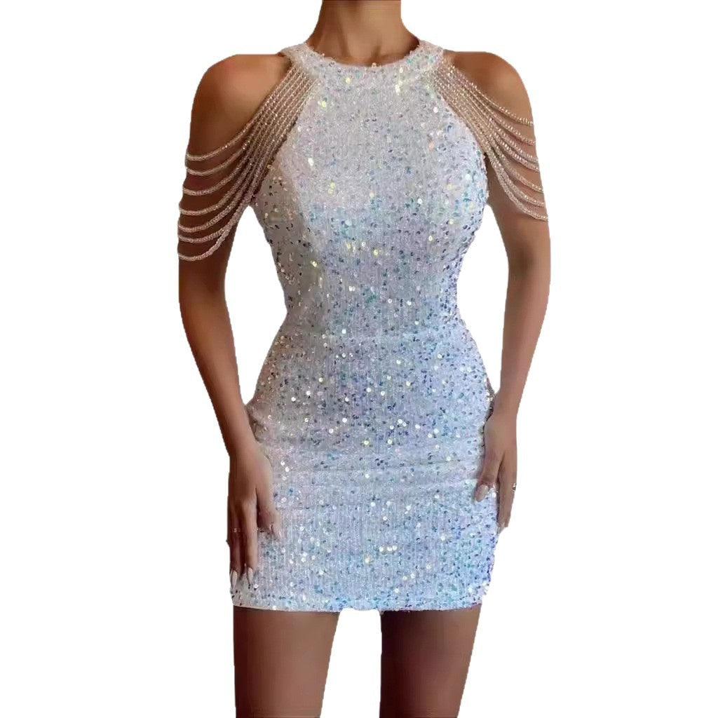 Habit :Robe de soirée moulante sexy à sequins, col licou et chaîne en cristal, taille mi-haute
