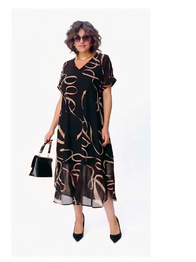 Elegant Abstract Print V-Neck Mid-Length Dress