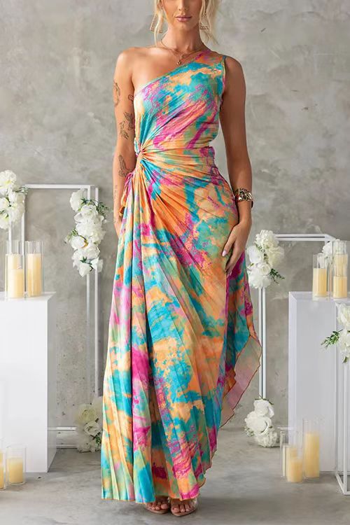Robe imprimée plissée asymétrique à une épaule