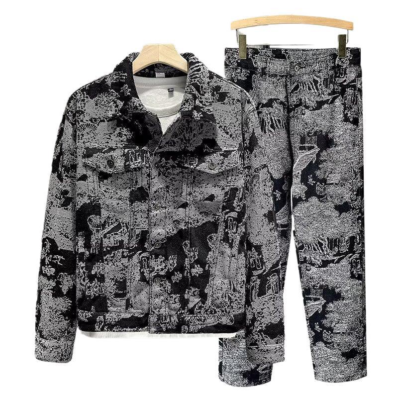 Veste de travail en jean jacquard rétro pour hommes, coupe slim
