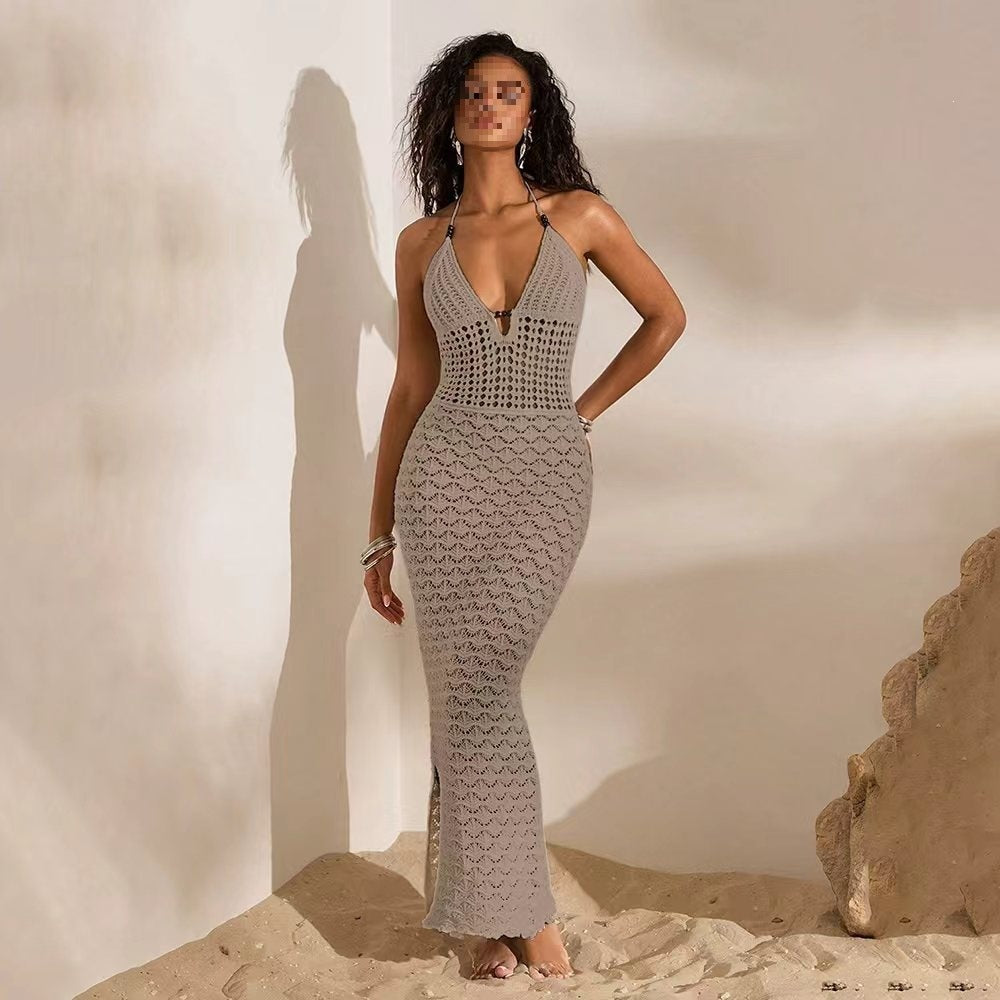 Robe de plage tricotée pour femmes, dos nu et découpée