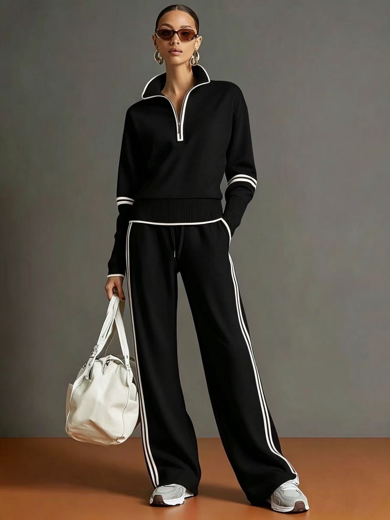 Habit :Ensemble décontracté sweat-shirt à col droit et pantalon à jambes larges