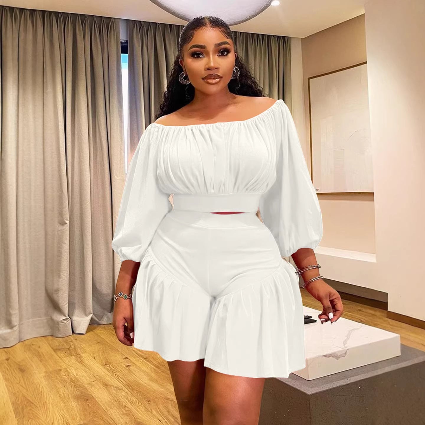 Ensemble pour femmes grande taille à épaules dénudées plissé