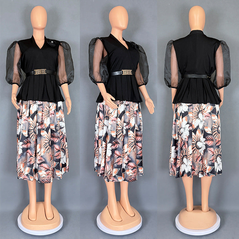 Habit :Ensemble deux pièces pour femme : haut et jupe en mousseline à imprimé floral