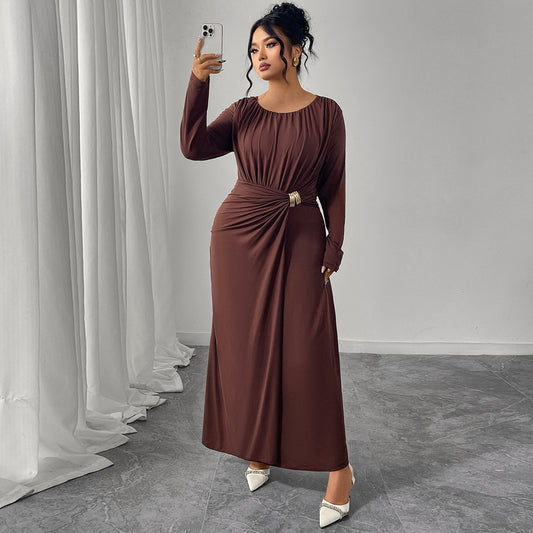 Robe longue à col V et manches bouffantes pour femme