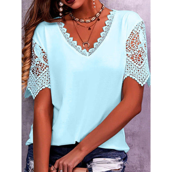 T-shirt pour femmes à col en V avec bordure en dentelle et manches courtes