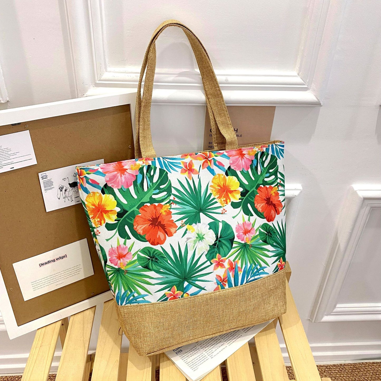 Sac fourre-tout artistique en coton et lin avec fermeture éclair