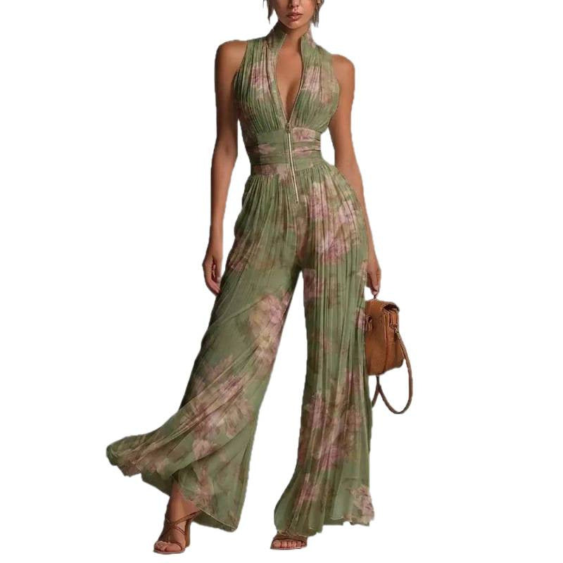 Combinaison pour femmes plissée à col halter et jambes larges