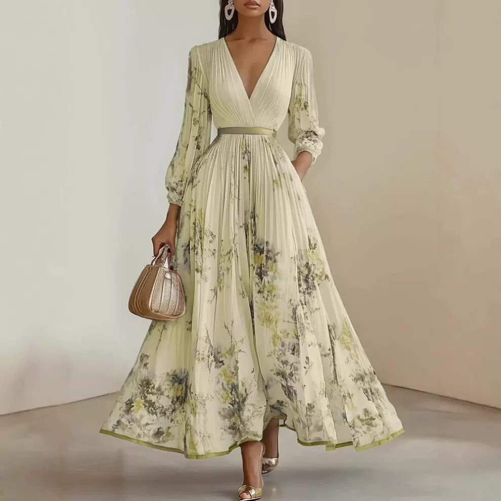 Robe longue à manches longues pour femmes avec col en V et plis