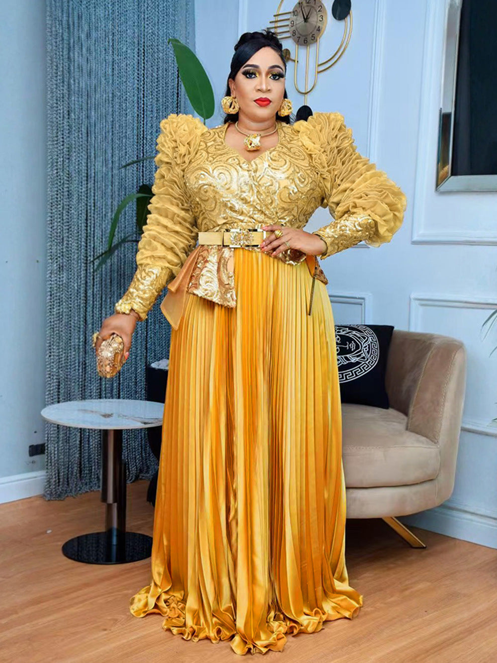 Habit :Robe de soirée taille haute à strass et paillettes