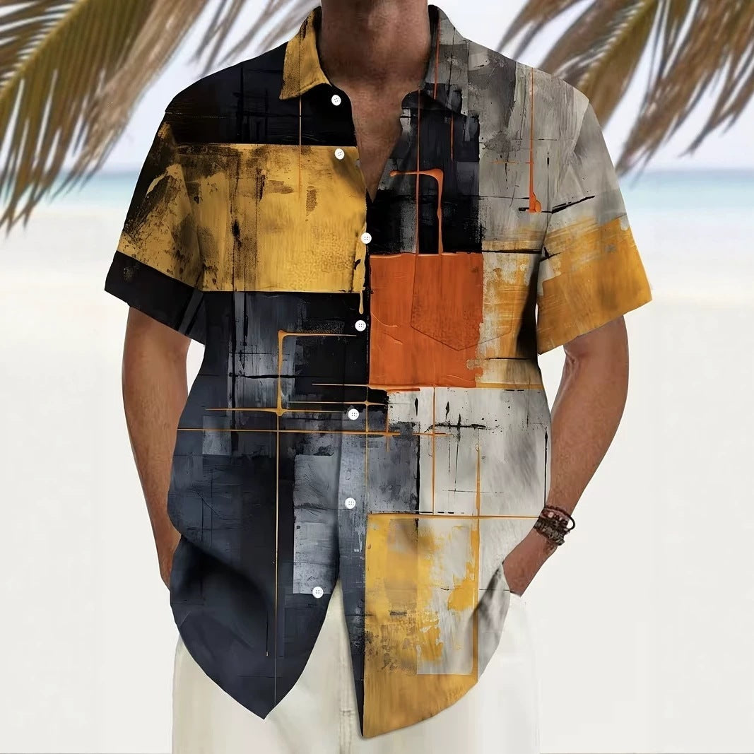 Chemise d'été imprimée européenne et américaine à manches courtes pour homme, coupe ample, grande taille, col à revers.
