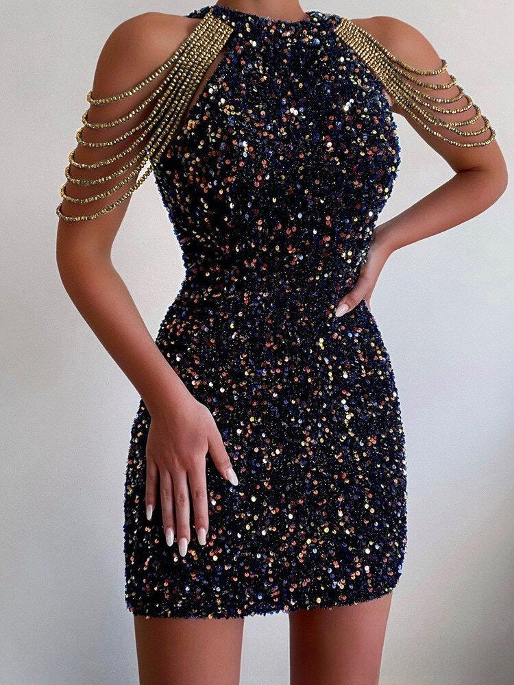 Habit :Robe de soirée moulante sexy à sequins, col licou et chaîne en cristal, taille mi-haute