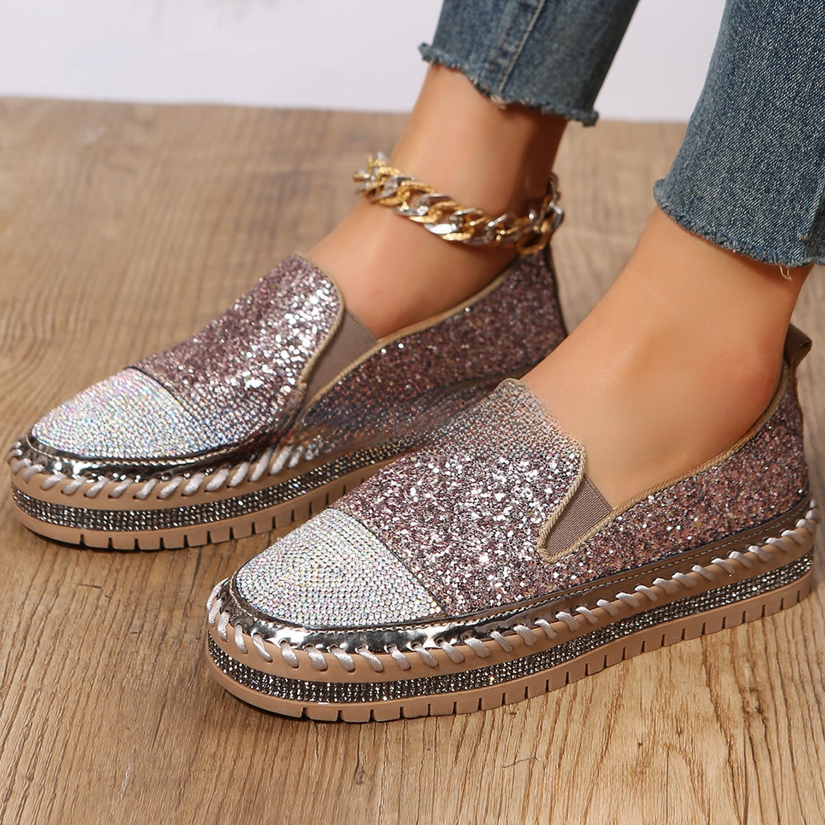 Mocassins décontractés pour femmes avec strass et semelle épaisse