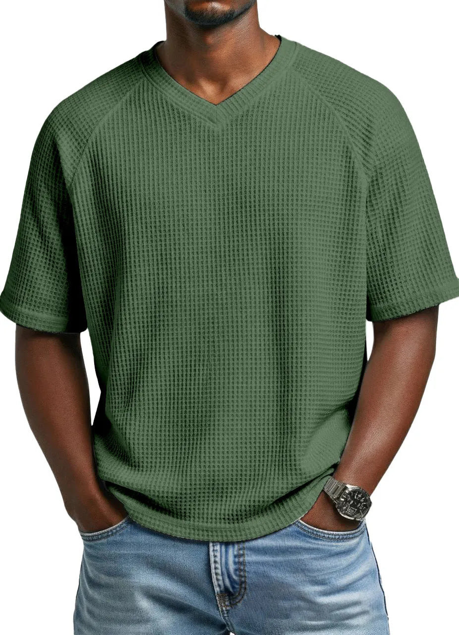T-shirt pour hommes à col en V, manches courtes, tricoté et tendance
