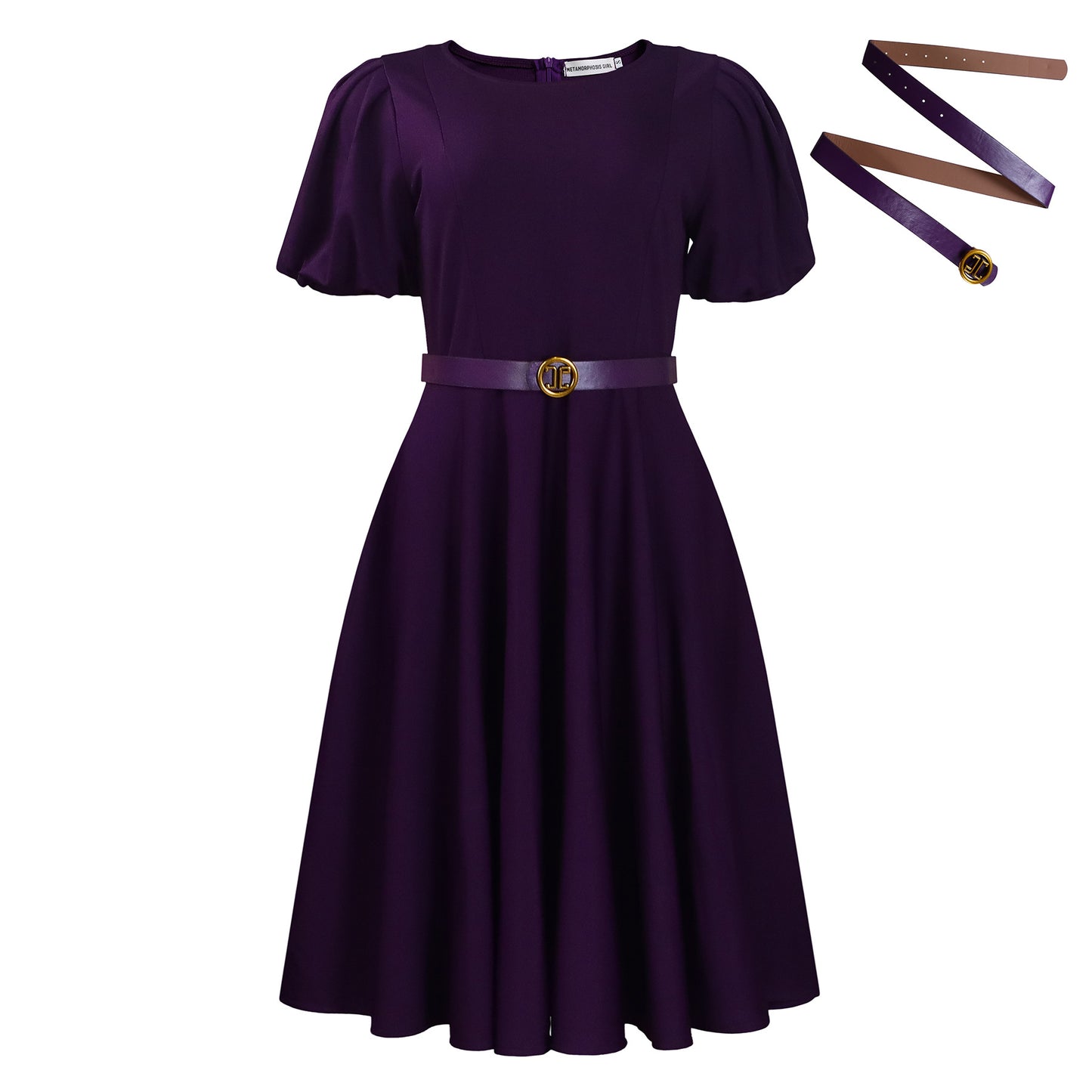 Robe élégante trapèze à manches bouffantes avec ceinture