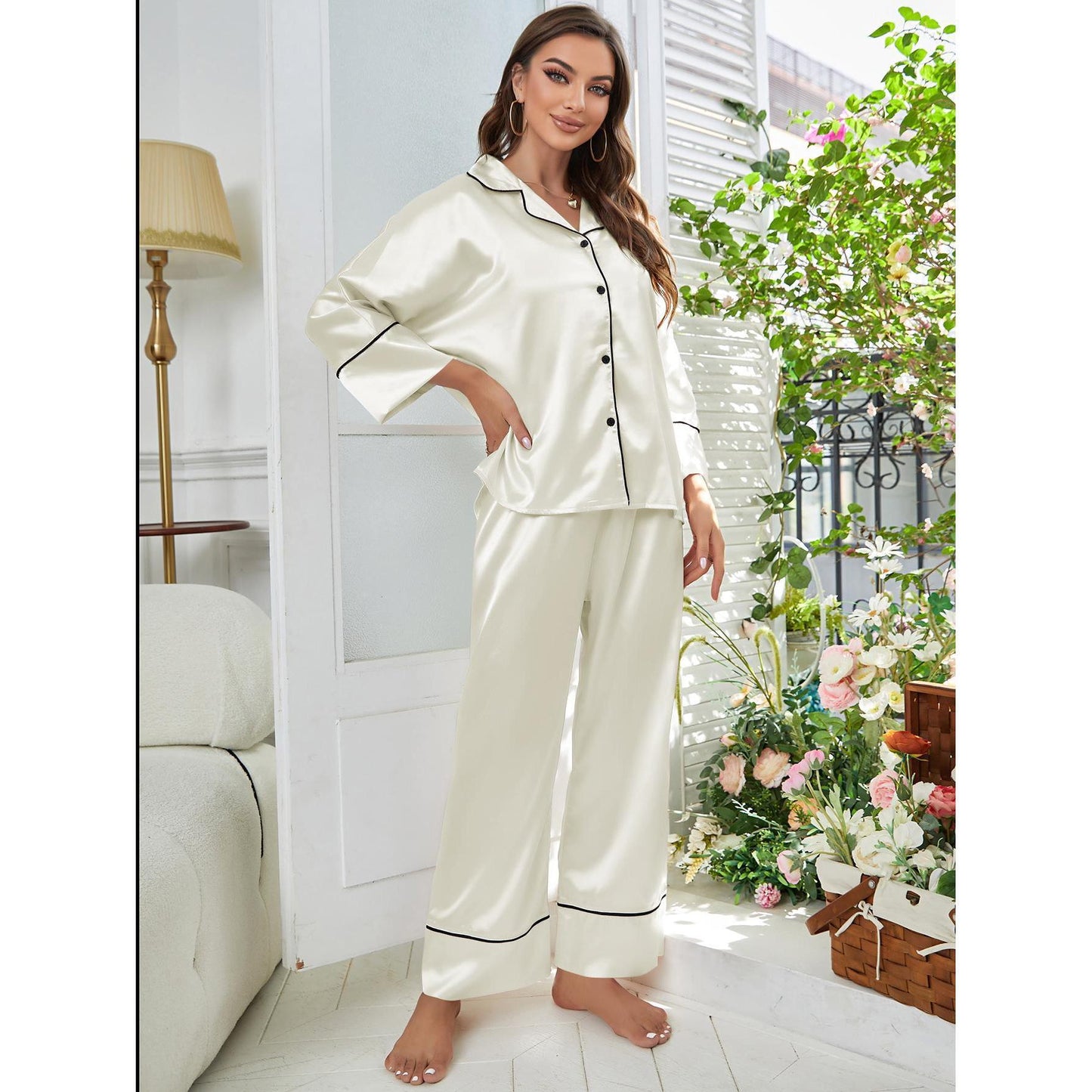 Ensemble de pyjama en soie glacée pour femmes avec manches longues et pantalon