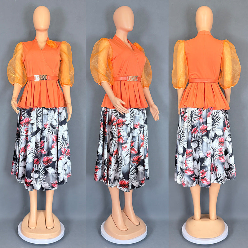 Habit :Ensemble deux pièces pour femme : haut et jupe en mousseline à imprimé floral