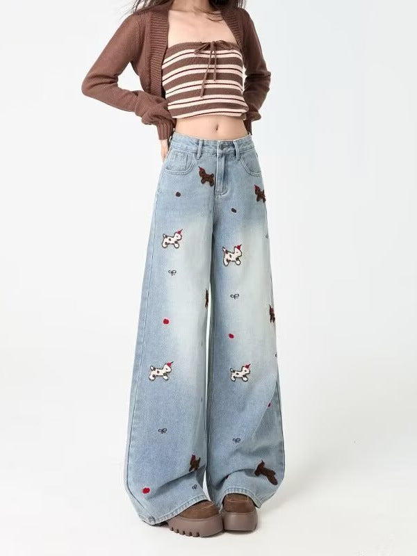 Pantalon en jean large brodé