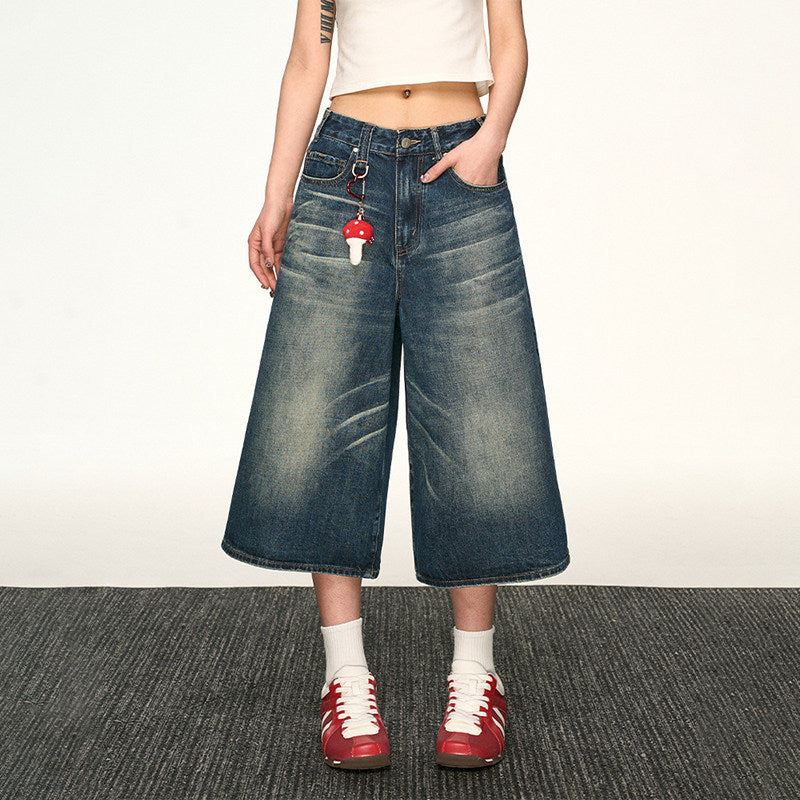 Pantalon court en jean large délavé vintage