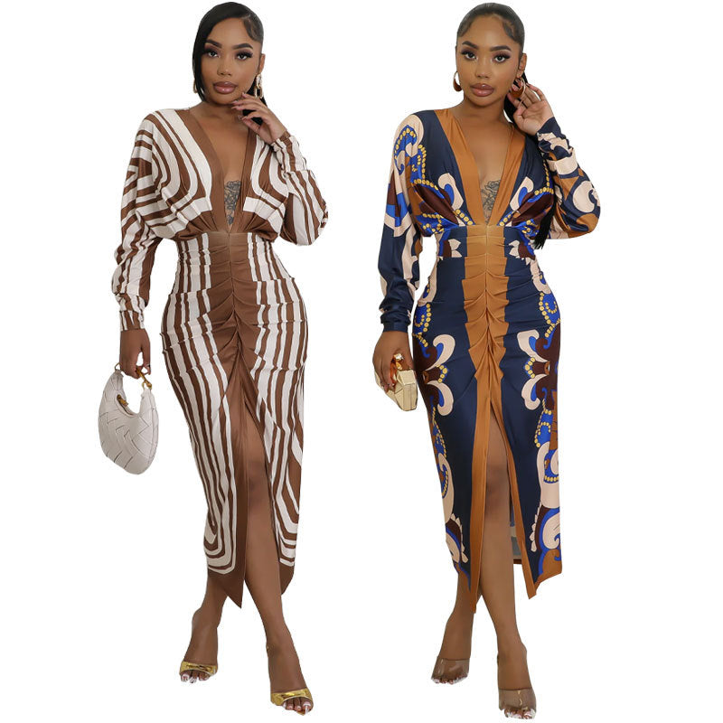 Robe imprimée à manches longues et décolleté en V profond pour femme