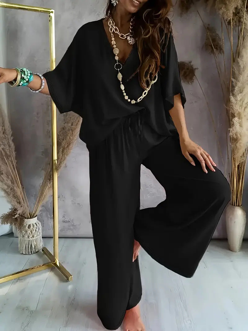 Ensemble pour femmes : haut à col en V à manches chauve-souris et pantalon large