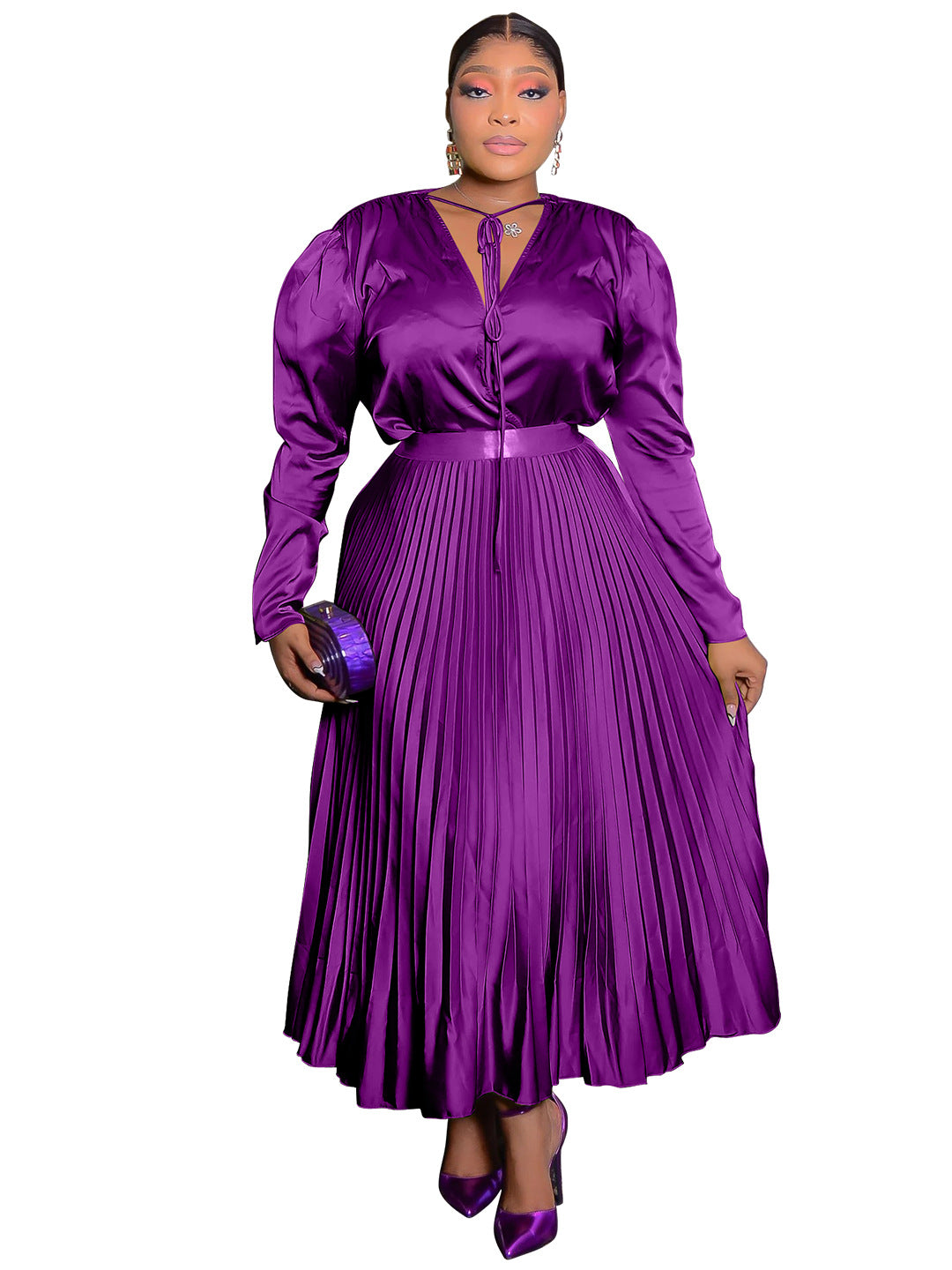 Habit :Ensemble jupe plissée à manches longues pour femme grande taille avec détails lacés