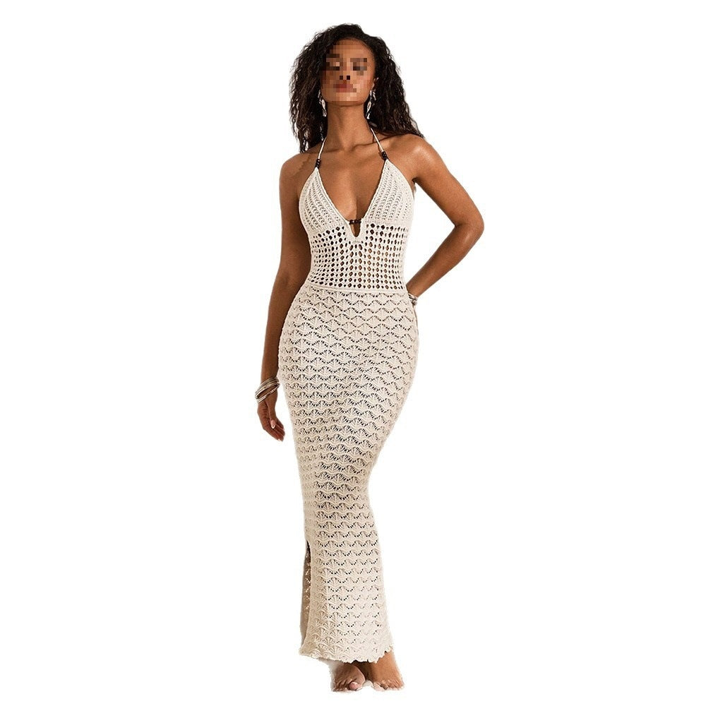 Robe de plage tricotée pour femmes, dos nu et découpée