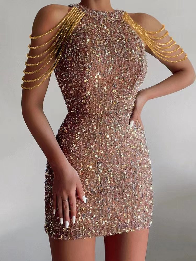 Habit :Robe de soirée moulante sexy à sequins, col licou et chaîne en cristal, taille mi-haute
