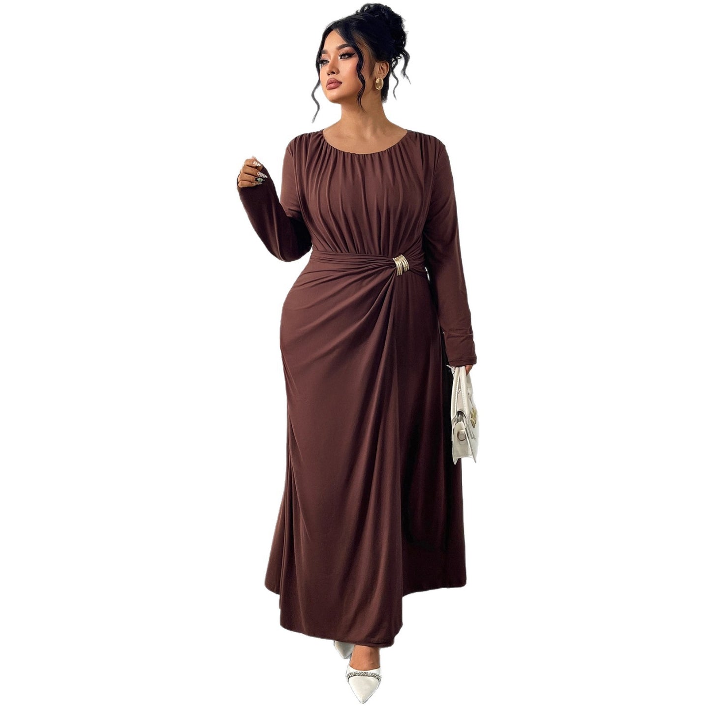 Robe longue à col V et manches bouffantes pour femme