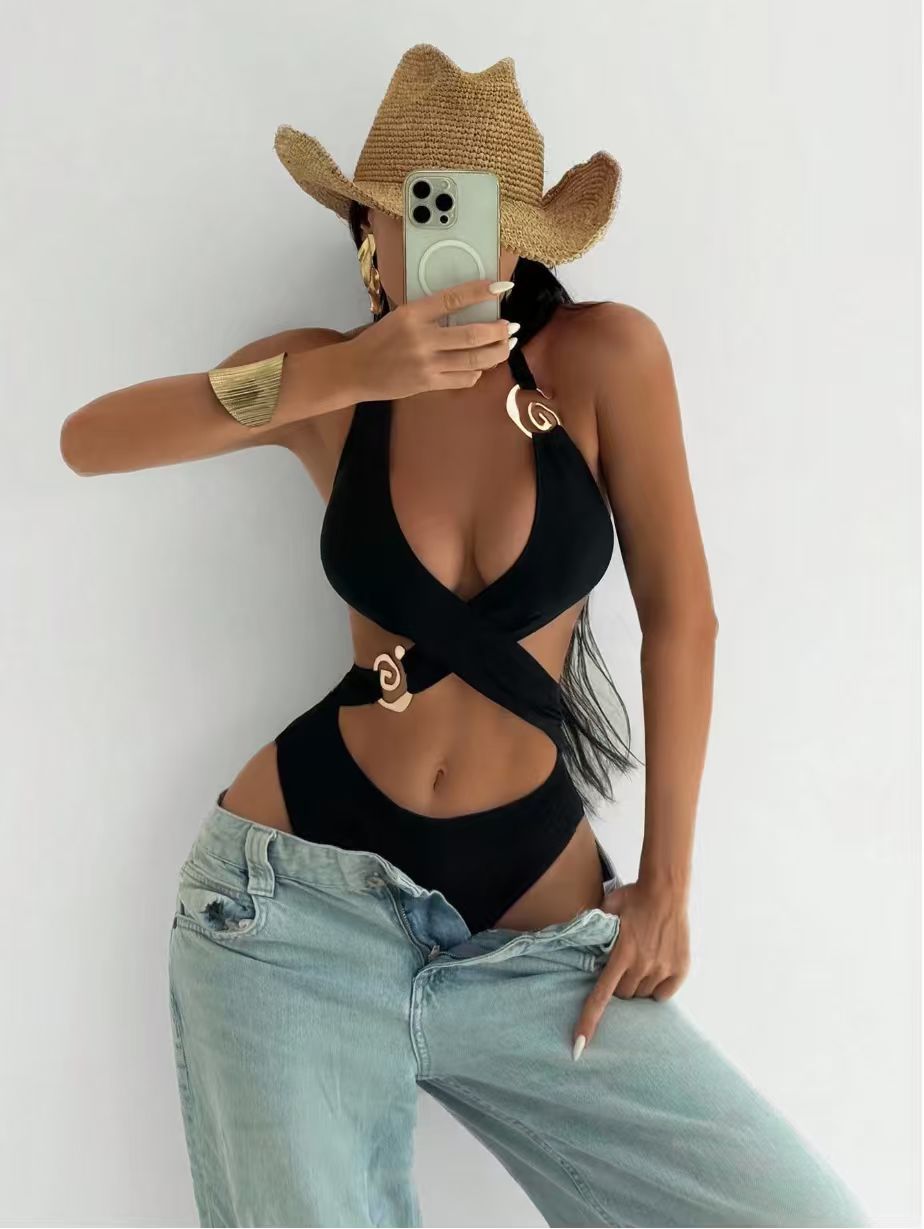 Maillot de bain une pièce pour femmes en dentelle découpée à taille haute