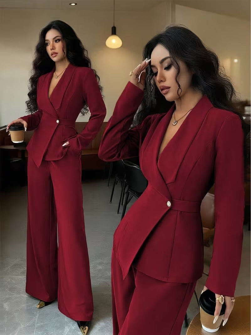 Ensemble deux pièces pour femme : veste longue à col en V et pantalon à jambes larges