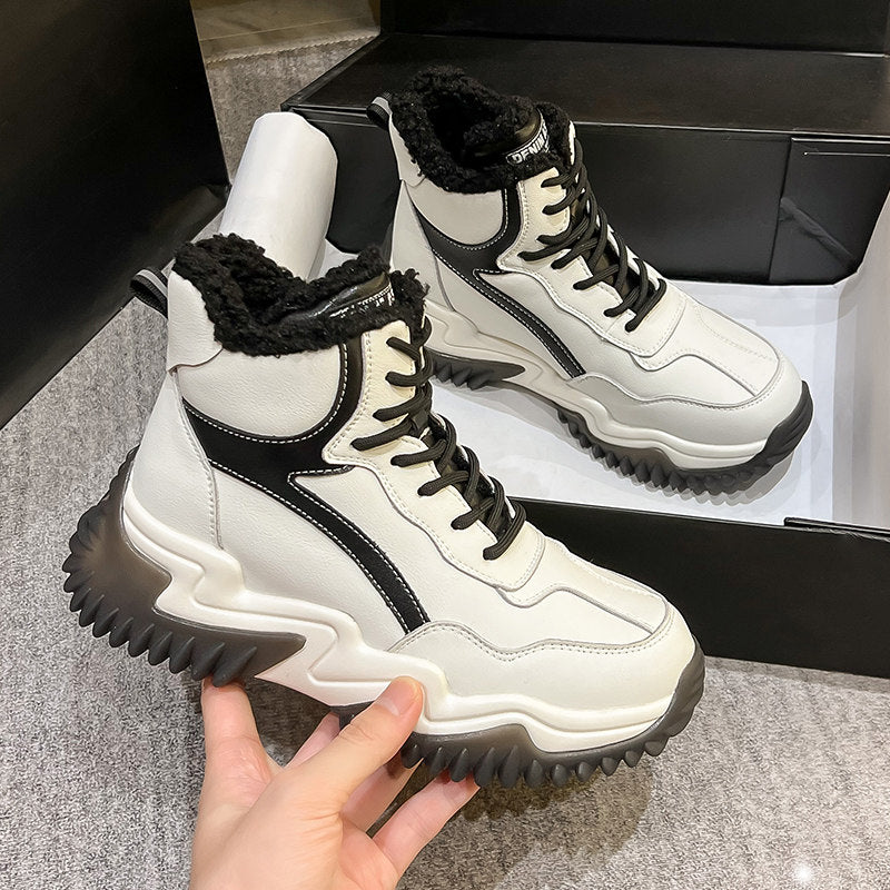 Bottes de neige pour femmes en cuir véritable doublées de peluche