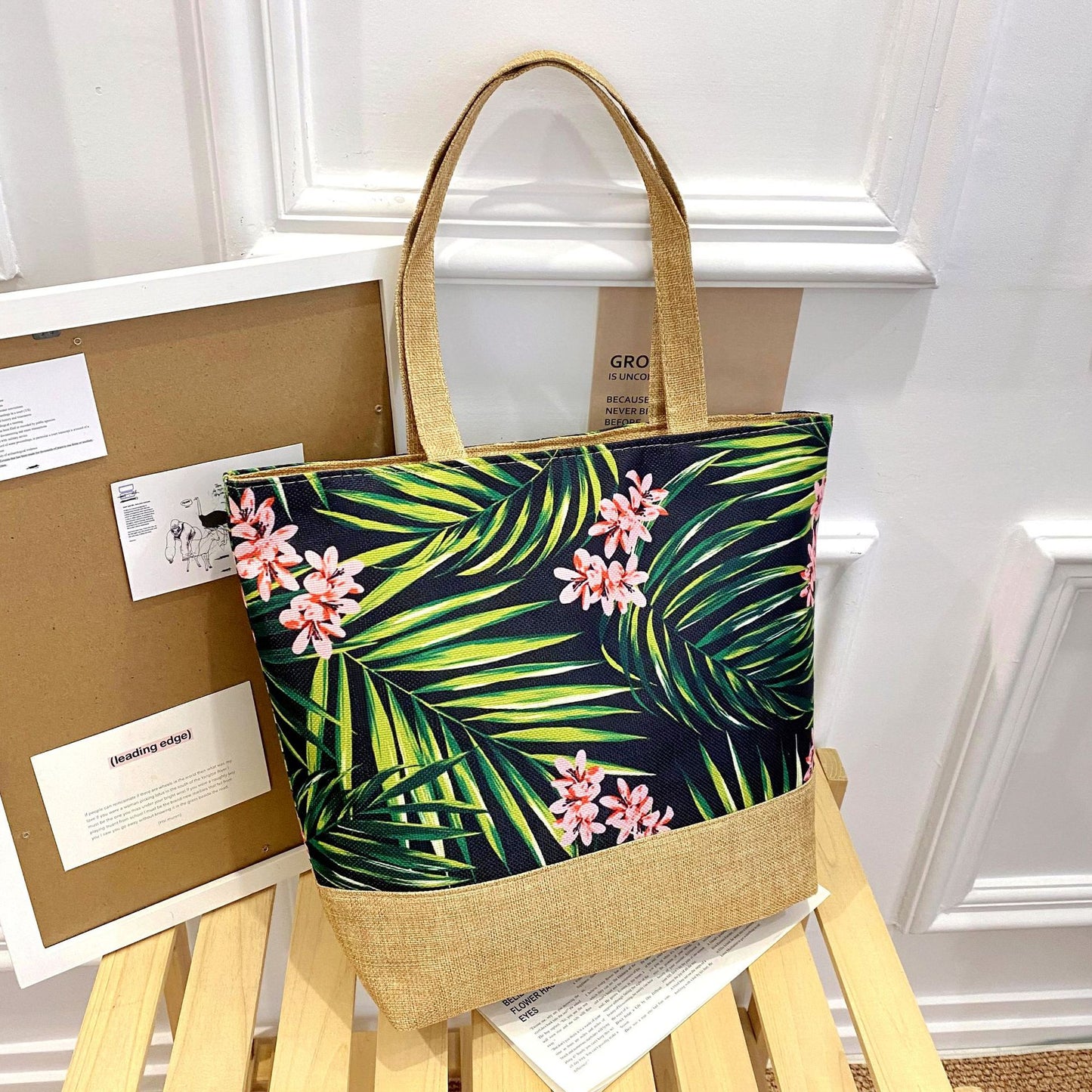 Sac fourre-tout artistique en coton et lin avec fermeture éclair