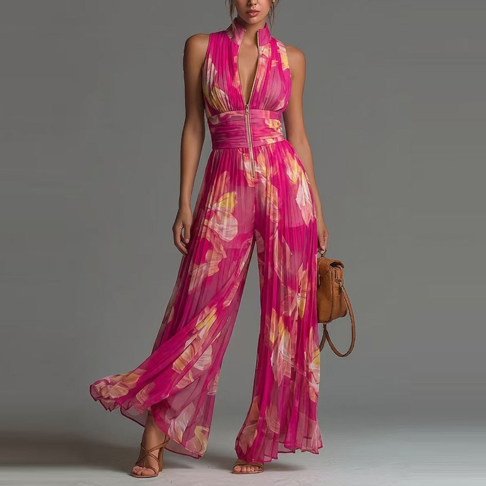 Combinaison pour femmes plissée à col halter et jambes larges