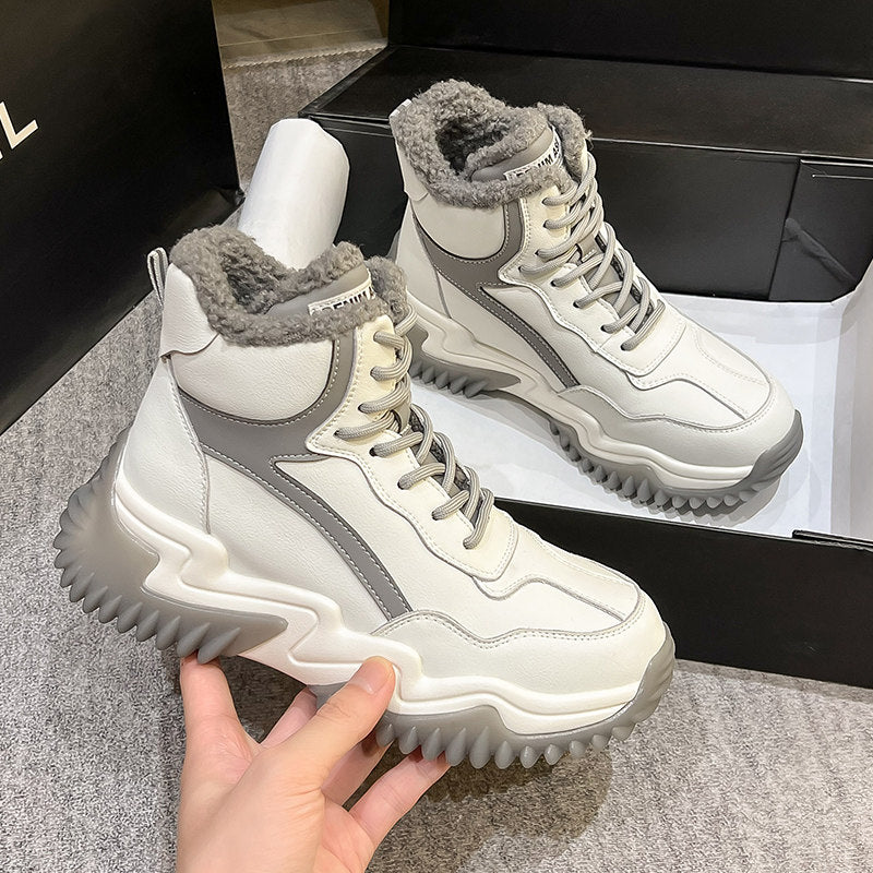 Bottes de neige pour femmes en cuir véritable doublées de peluche