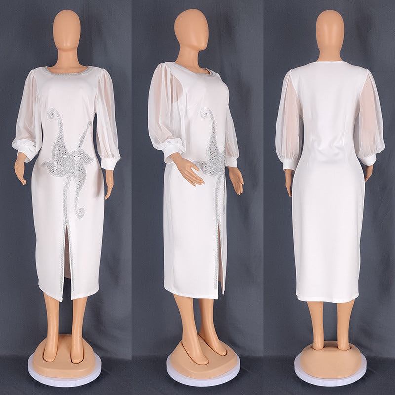 Robe à col rond et manches en résille