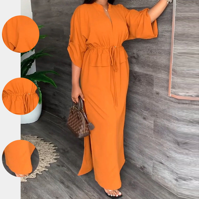 Robe longue élégante avec liens et manches chauve-souris