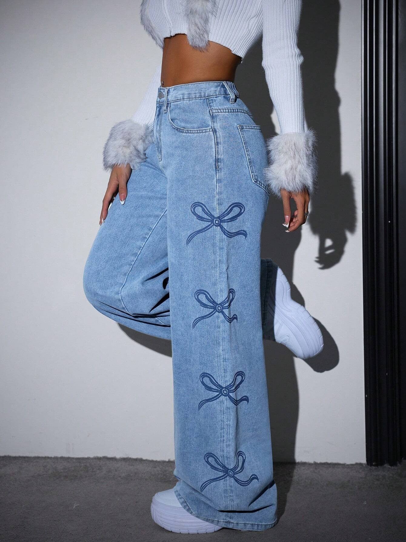 Jean large en denim délavé taille haute avec nœud