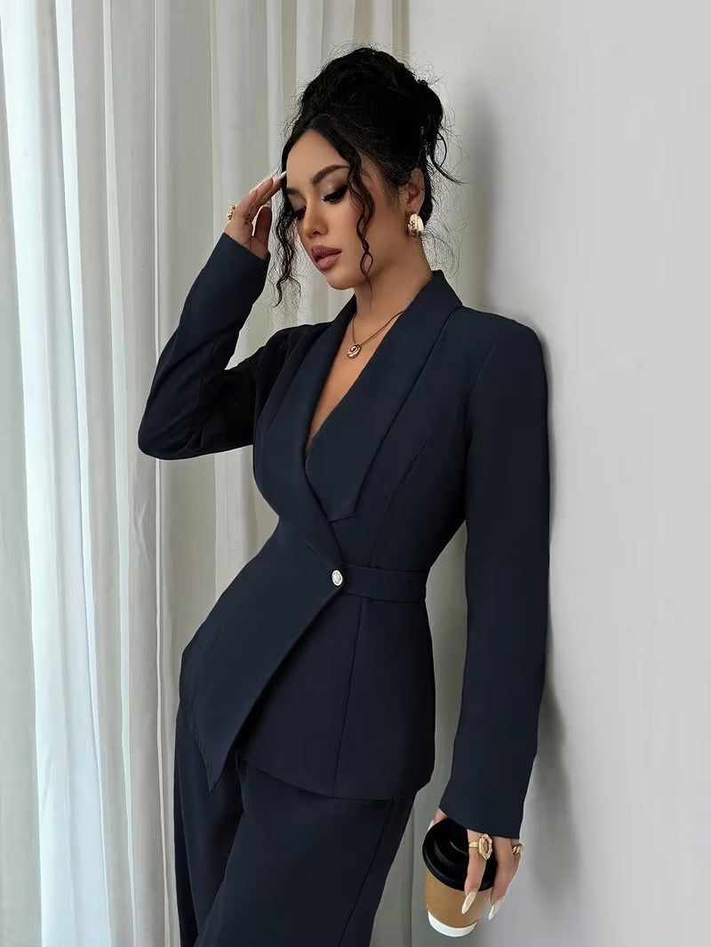 Ensemble deux pièces pour femme : veste longue à col en V et pantalon à jambes larges