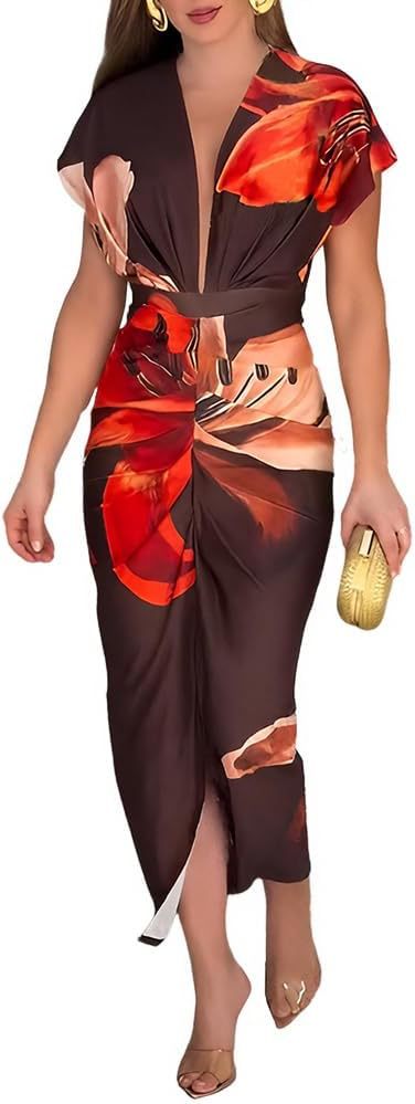 Robe imprimee a col en V et fente pour femme