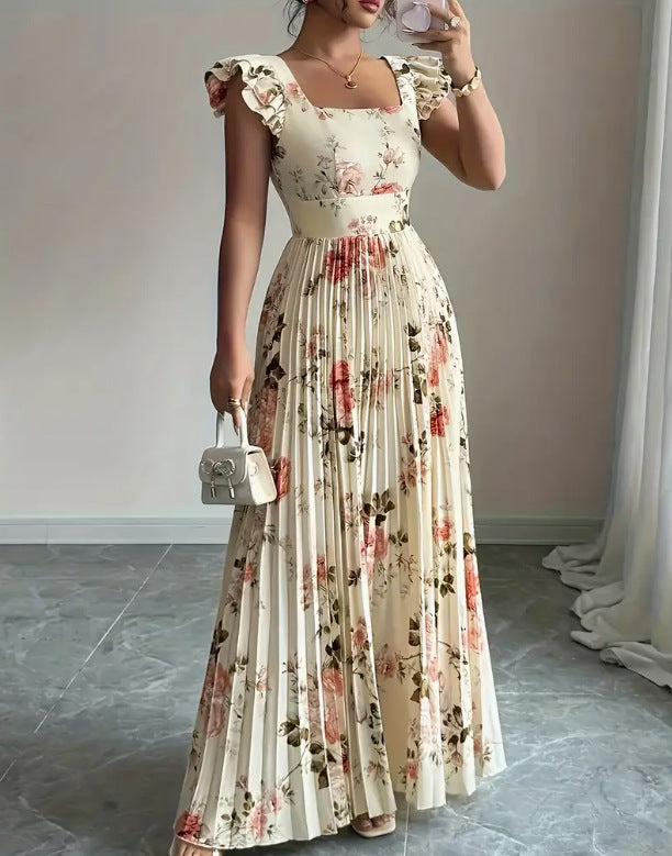 Robe plissée à manches volantées et encolure carrée fleurie
