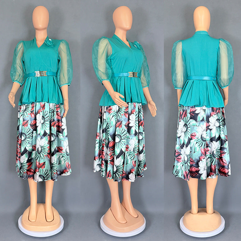 Habit :Ensemble deux pièces pour femme : haut et jupe en mousseline à imprimé floral