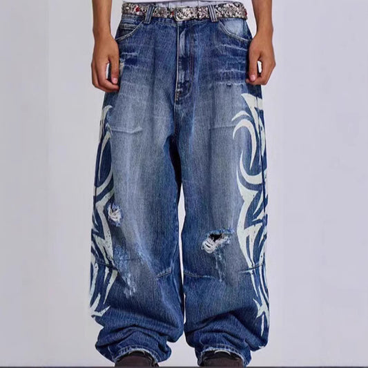 Pantalon en jean à jambes larges imprimé rétro