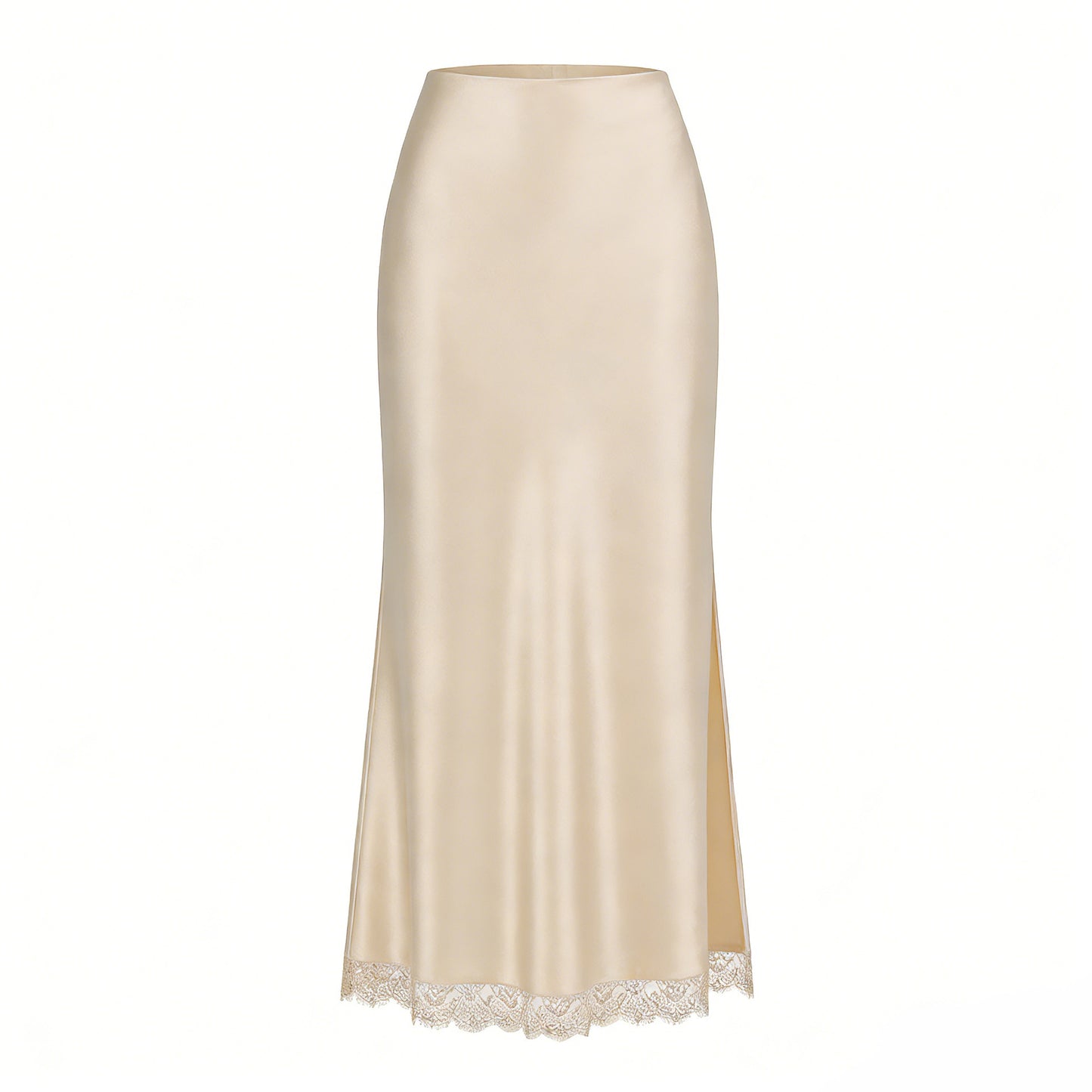 Jupe Midi en Satin avec Fente Latérale et Ourlet en Dentelle