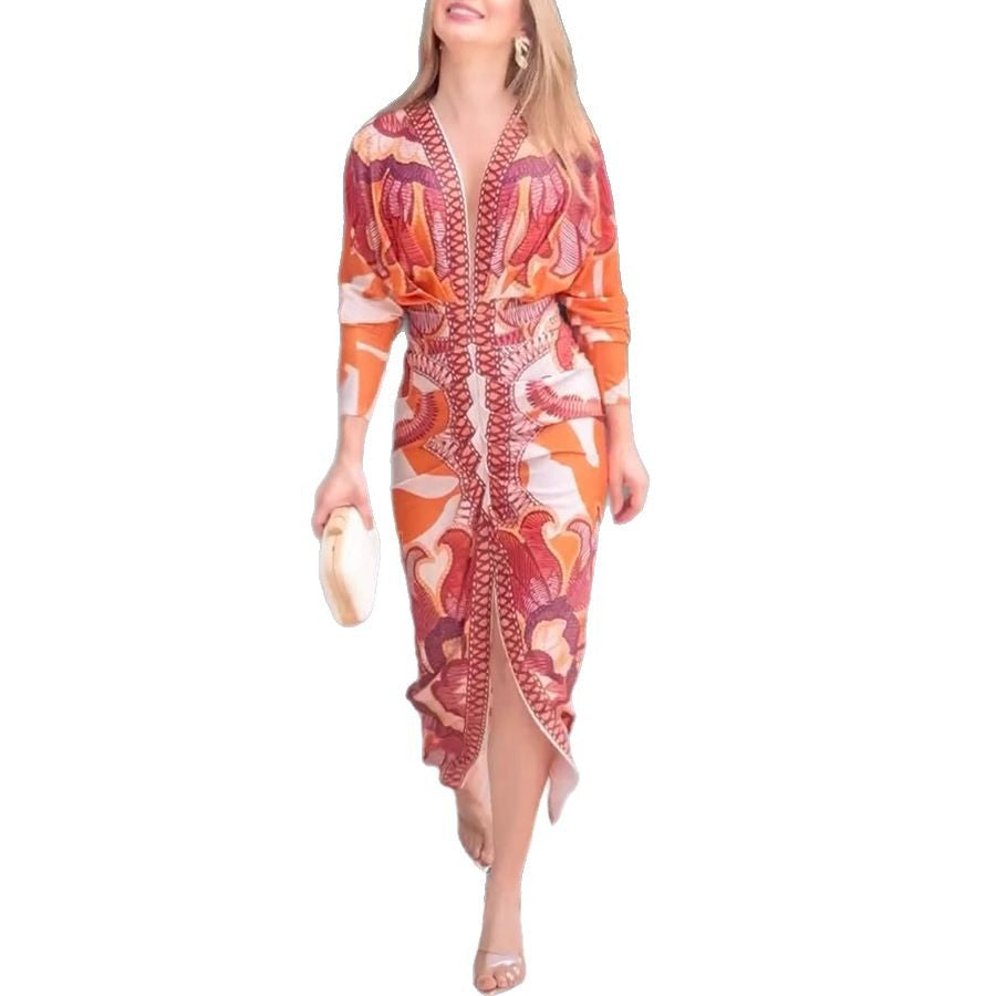 Robe à manches longues avec col en V et imprimé floral