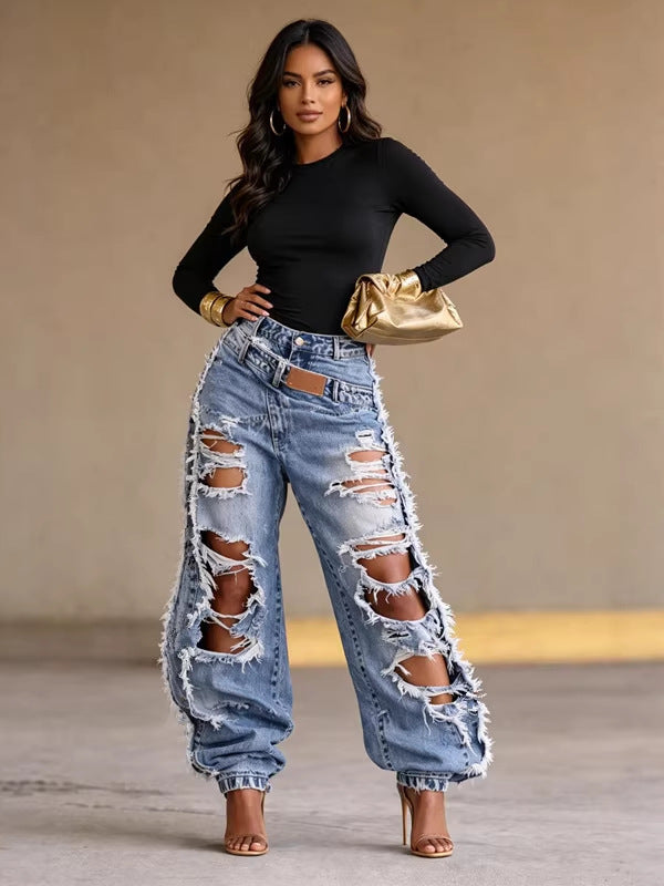 Pantalon en jean large déchiré taille haute