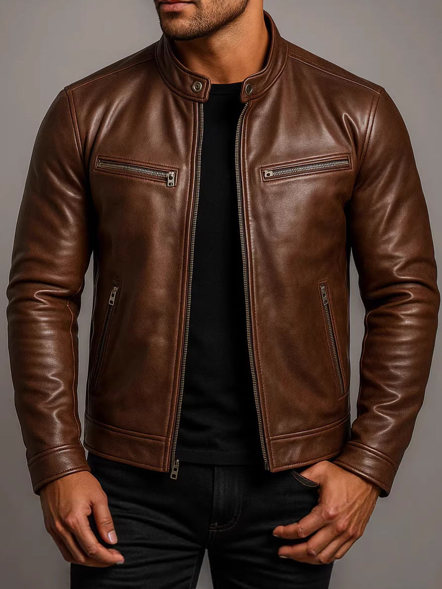 Veste Homme en Cuir PU à Col Montant