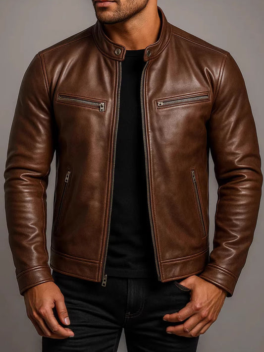 Veste Homme en Cuir PU à Col Montant