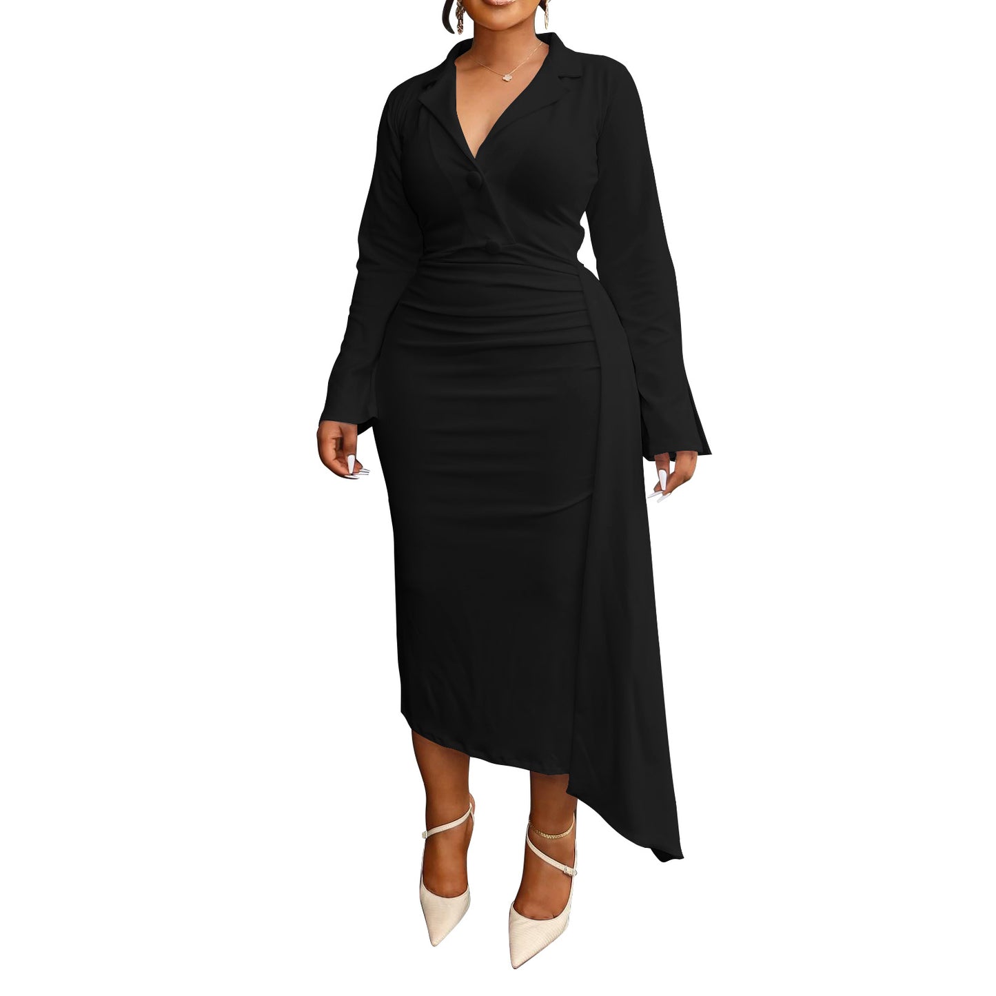 Habit :Robe plissée à col en V pour femme