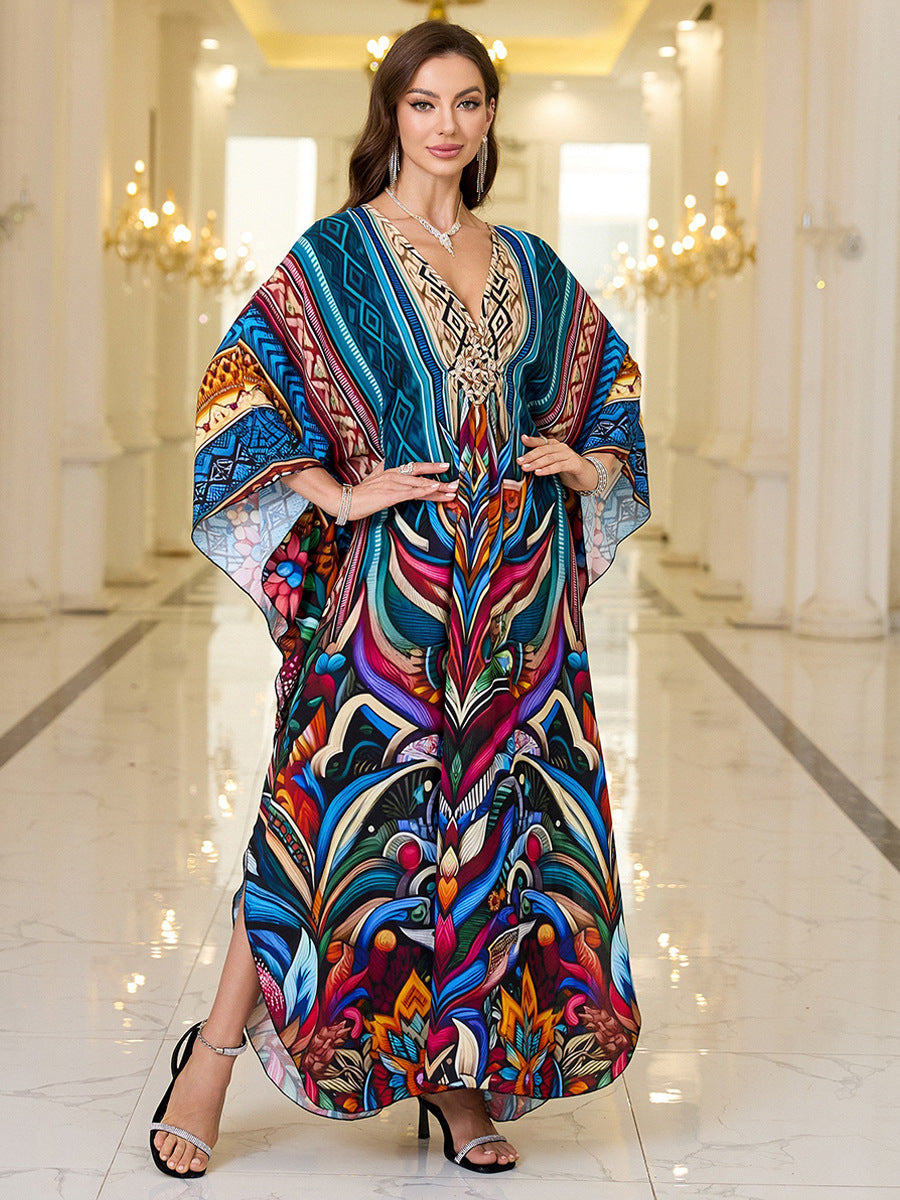 Robe longue de plage imprimée en coton pour femme, robe longue ample, paréo, vêtement de protection solaire